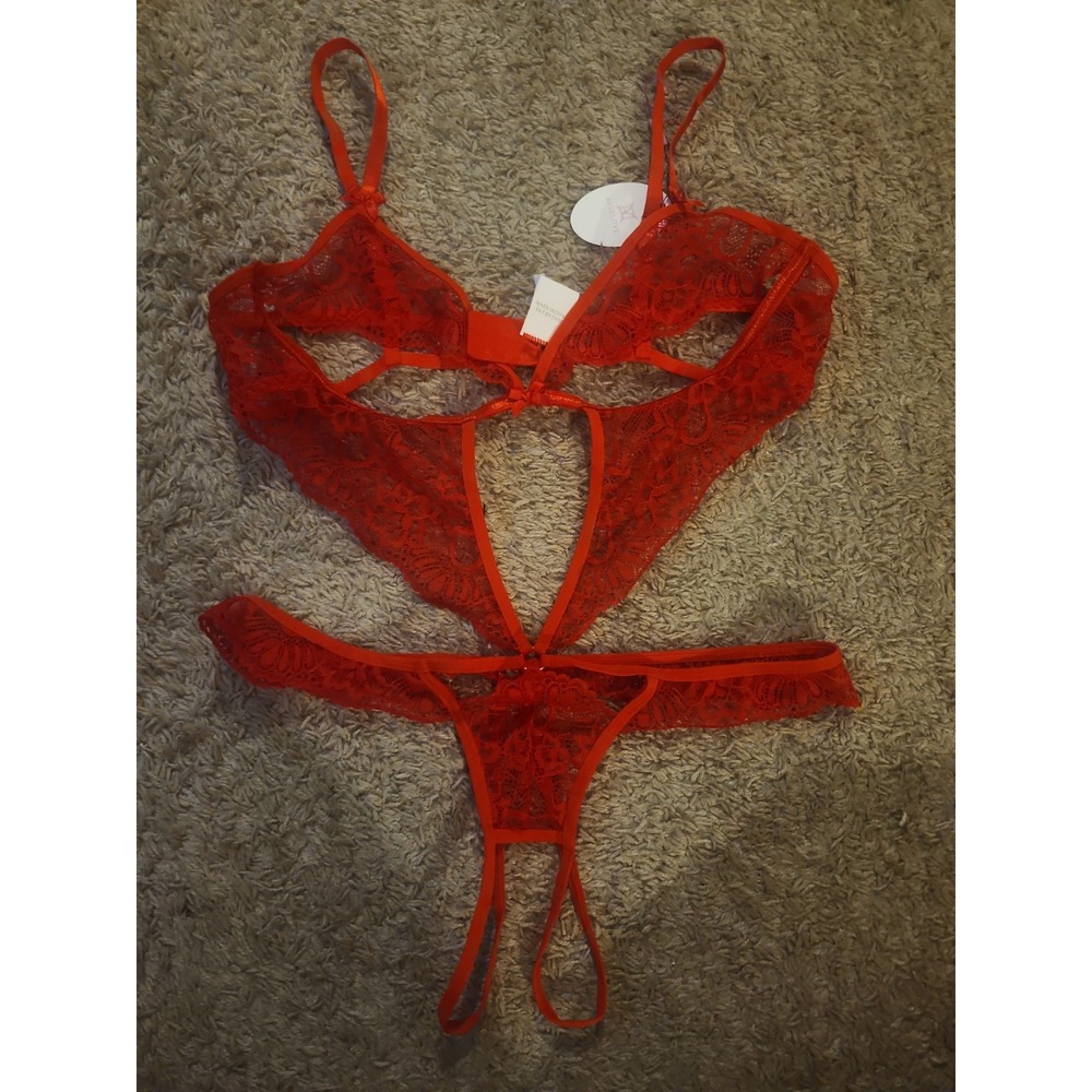Avidlove Red Lace Teddy Lingerie Cutout Strappy One Piece Bodysuit Large NWT